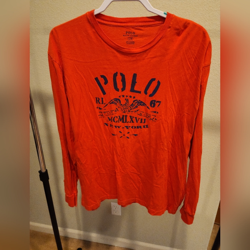 Large Orange and Navy Blue Long sleeve Polo by Ralph Lauren shirt